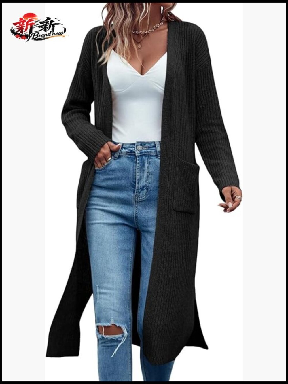 Ribbed Knit Open Front Long Sleeve Oversized Cardigan with Pockets